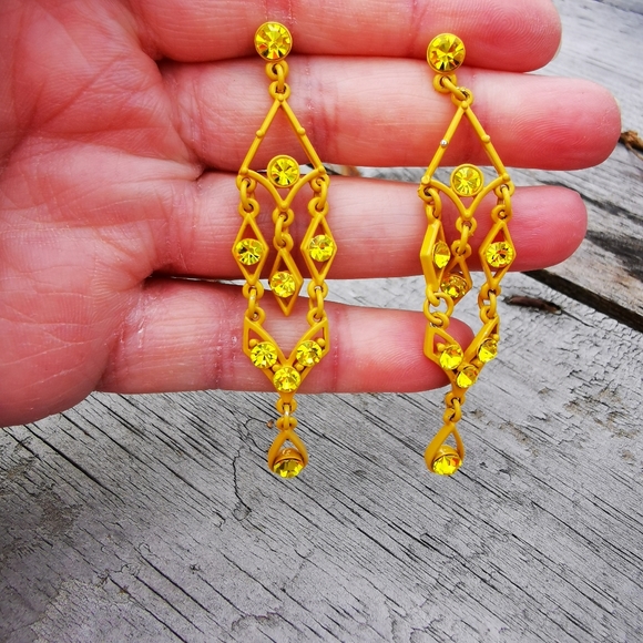 Yellow Painted Metal Chandelier Post Earrings with Yellow Rhinestones - Picture 7 of 13
